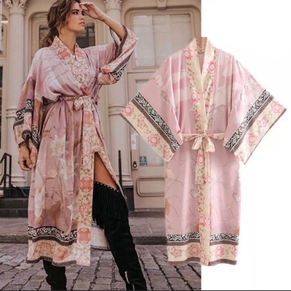 Gypsy Bohemian Kimono Duster In Mauve Pelican, Pink Kimono Robe Beach Duster - Picture 4 of 7